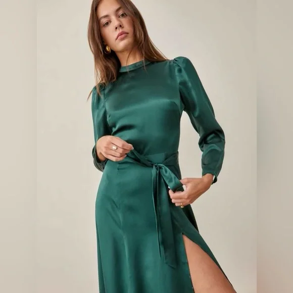 Reformation Julius Silk Dress In Forest, NWOT, NEVER WORN, NO FLAWS. - Picture 4 of 10
